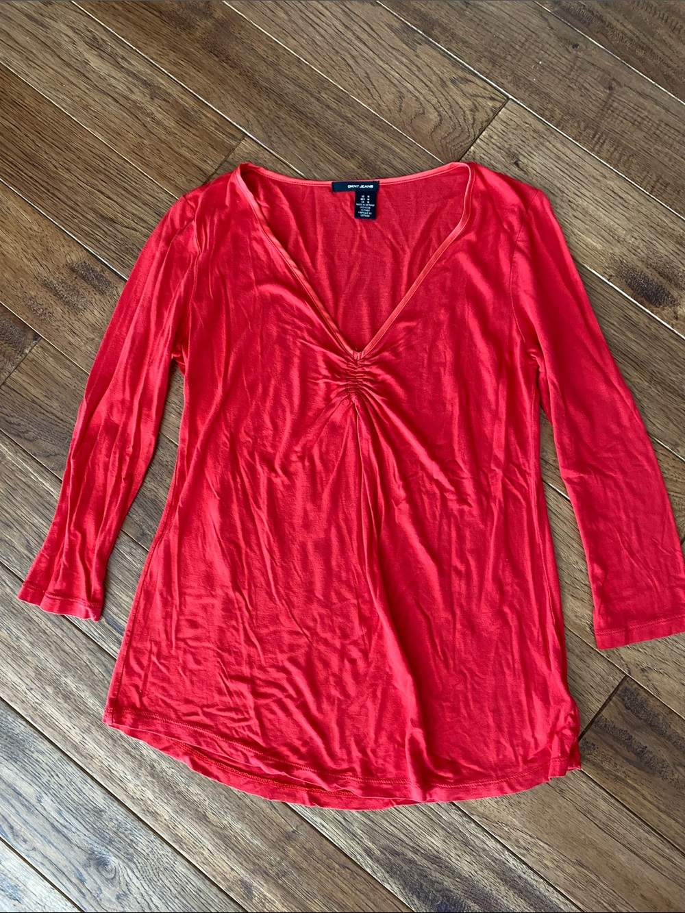 Dkny Red V-Neck Ruched Long Sleeve Top